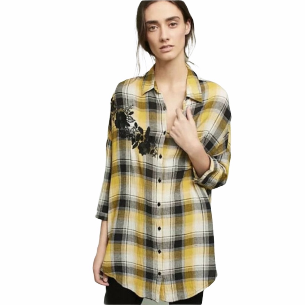 ANTHROPOLOGIE MAEVE Embroidered Yellow Plaid Tunic